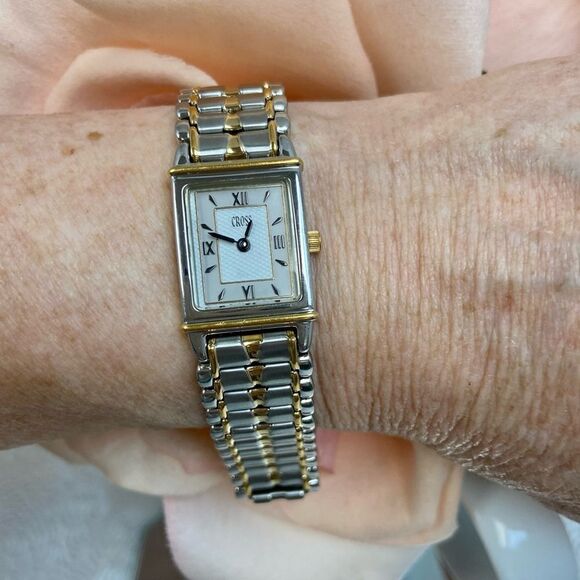 Cross Swiss Made Tank Style Two-Tone Stainless Steel Dress Watch Roman Numerals - Picture 7 of 13